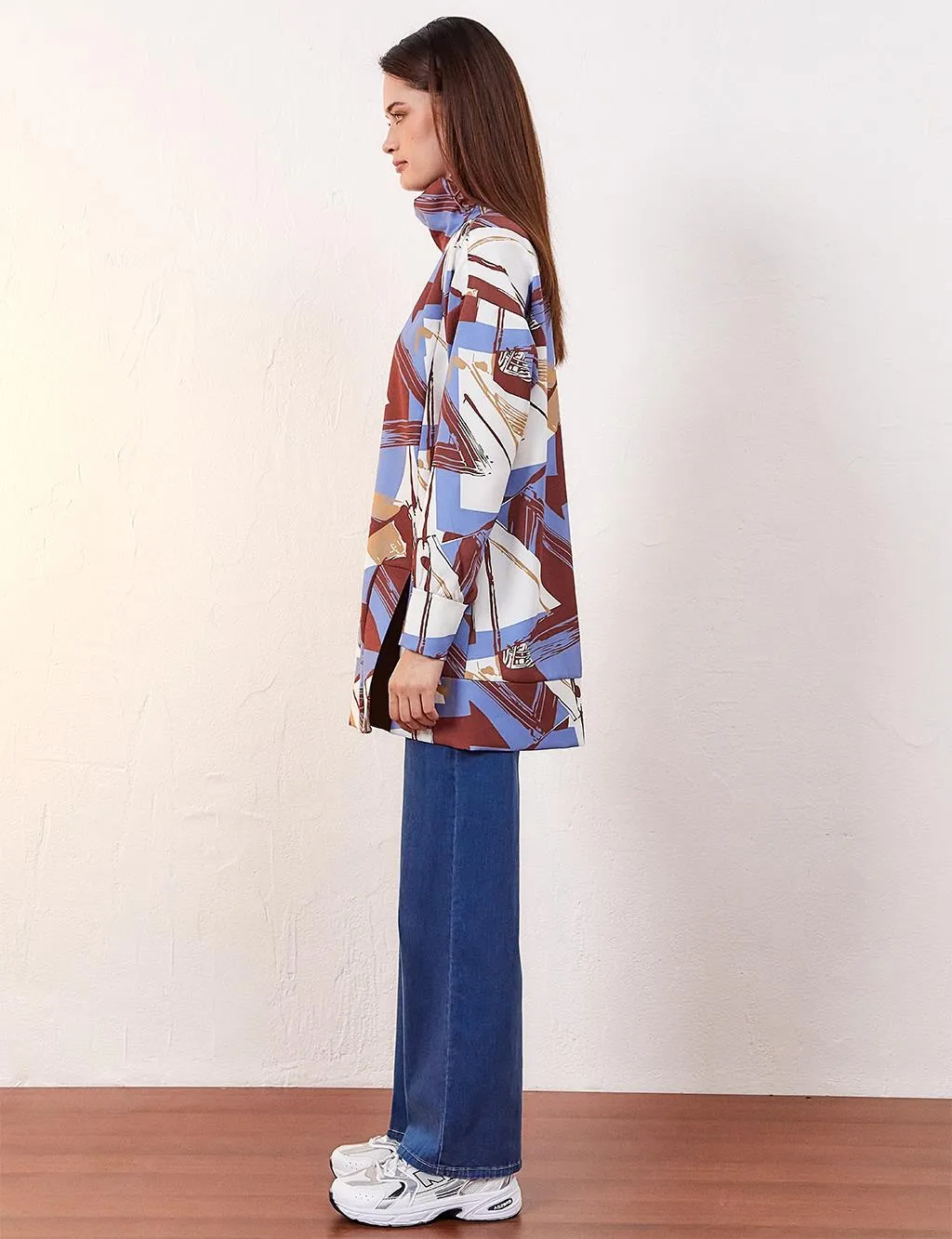Abstract Patterned Shoulder Zipper Sweatshirt Blue