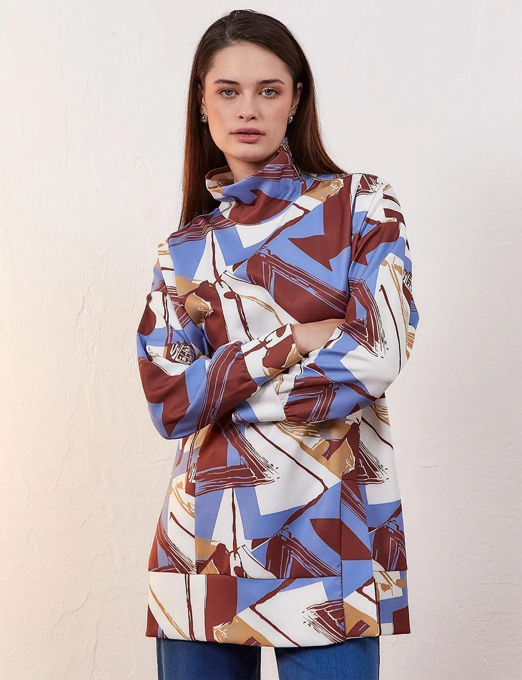 Abstract Patterned Shoulder Zipper Sweatshirt Blue