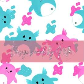 Aqua and Hot Pink Axolotl on White