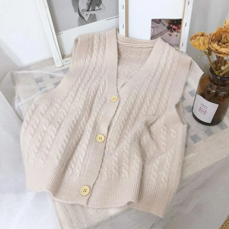 Autumn Women Sweater Vest Fashion Twist V-neck Knit Cardigan Casual Loose Simple Pockets All-match Button Up Black Tops