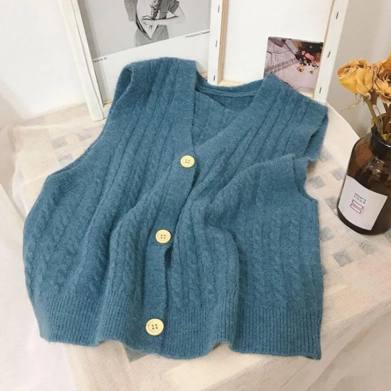 Autumn Women Sweater Vest Fashion Twist V-neck Knit Cardigan Casual Loose Simple Pockets All-match Button Up Black Tops