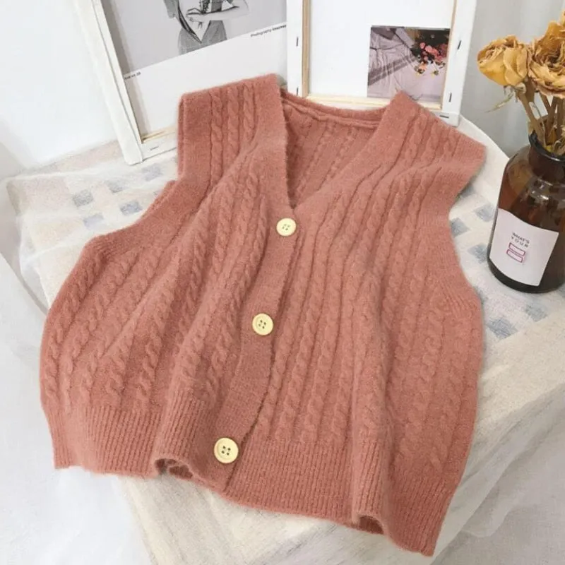 Autumn Women Sweater Vest Fashion Twist V-neck Knit Cardigan Casual Loose Simple Pockets All-match Button Up Black Tops