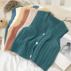 Autumn Women Sweater Vest Fashion Twist V-neck Knit Cardigan Casual Loose Simple Pockets All-match Button Up Black Tops