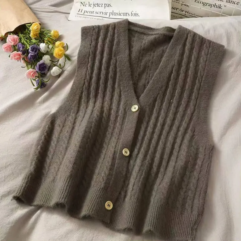 Autumn Women Sweater Vest Fashion Twist V-neck Knit Cardigan Casual Loose Simple Pockets All-match Button Up Black Tops