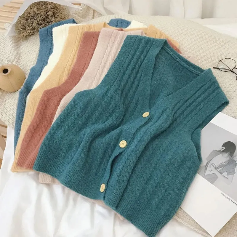 Autumn Women Sweater Vest Fashion Twist V-neck Knit Cardigan Casual Loose Simple Pockets All-match Button Up Black Tops