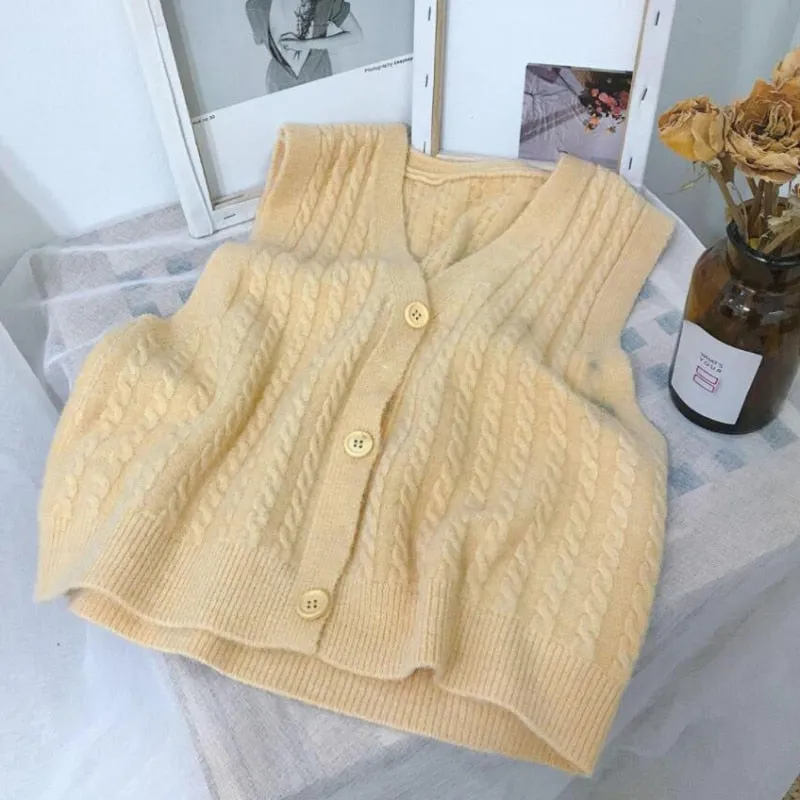 Autumn Women Sweater Vest Fashion Twist V-neck Knit Cardigan Casual Loose Simple Pockets All-match Button Up Black Tops