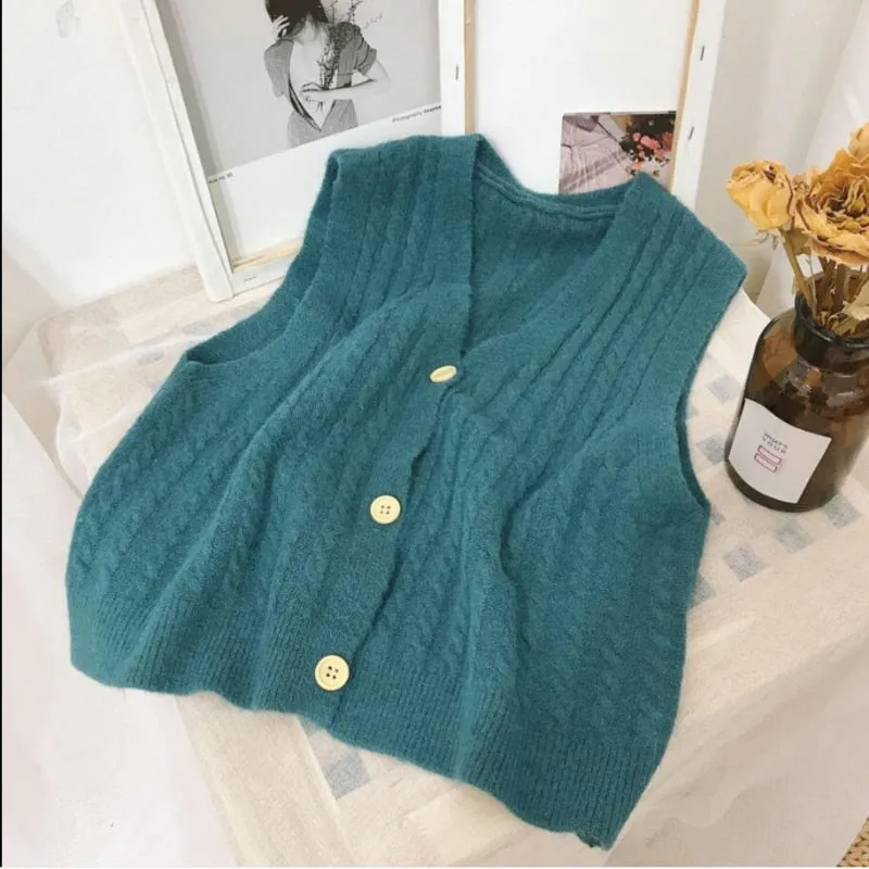 Autumn Women Sweater Vest Fashion Twist V-neck Knit Cardigan Casual Loose Simple Pockets All-match Button Up Black Tops