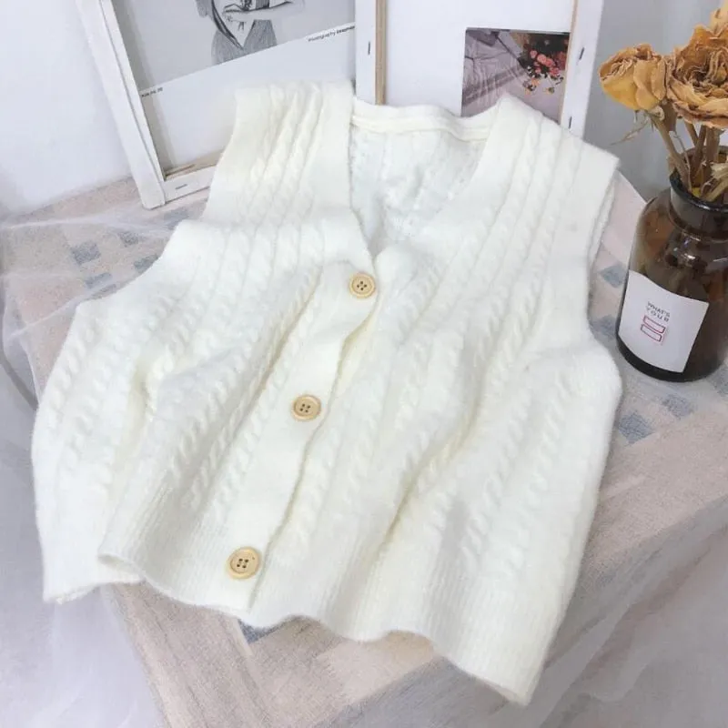 Autumn Women Sweater Vest Fashion Twist V-neck Knit Cardigan Casual Loose Simple Pockets All-match Button Up Black Tops