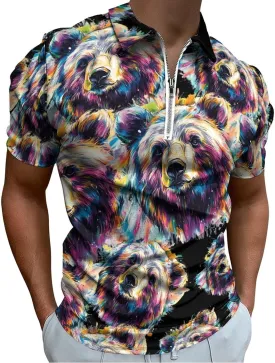 Bear Colorful Drawing Trendy Polo Shirts for Men Short Sleeve Lapel Collar Zipper T-Shirts Outdoor Sports 6XL
