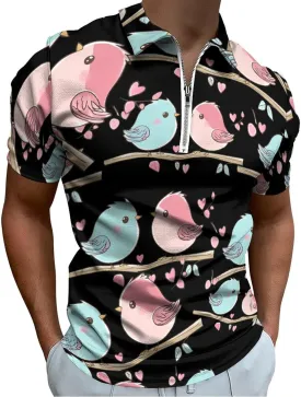 Birds In Love Trendy Polo Shirts for Men Short Sleeve Lapel Collar Zipper T-Shirts Outdoor Sports XS