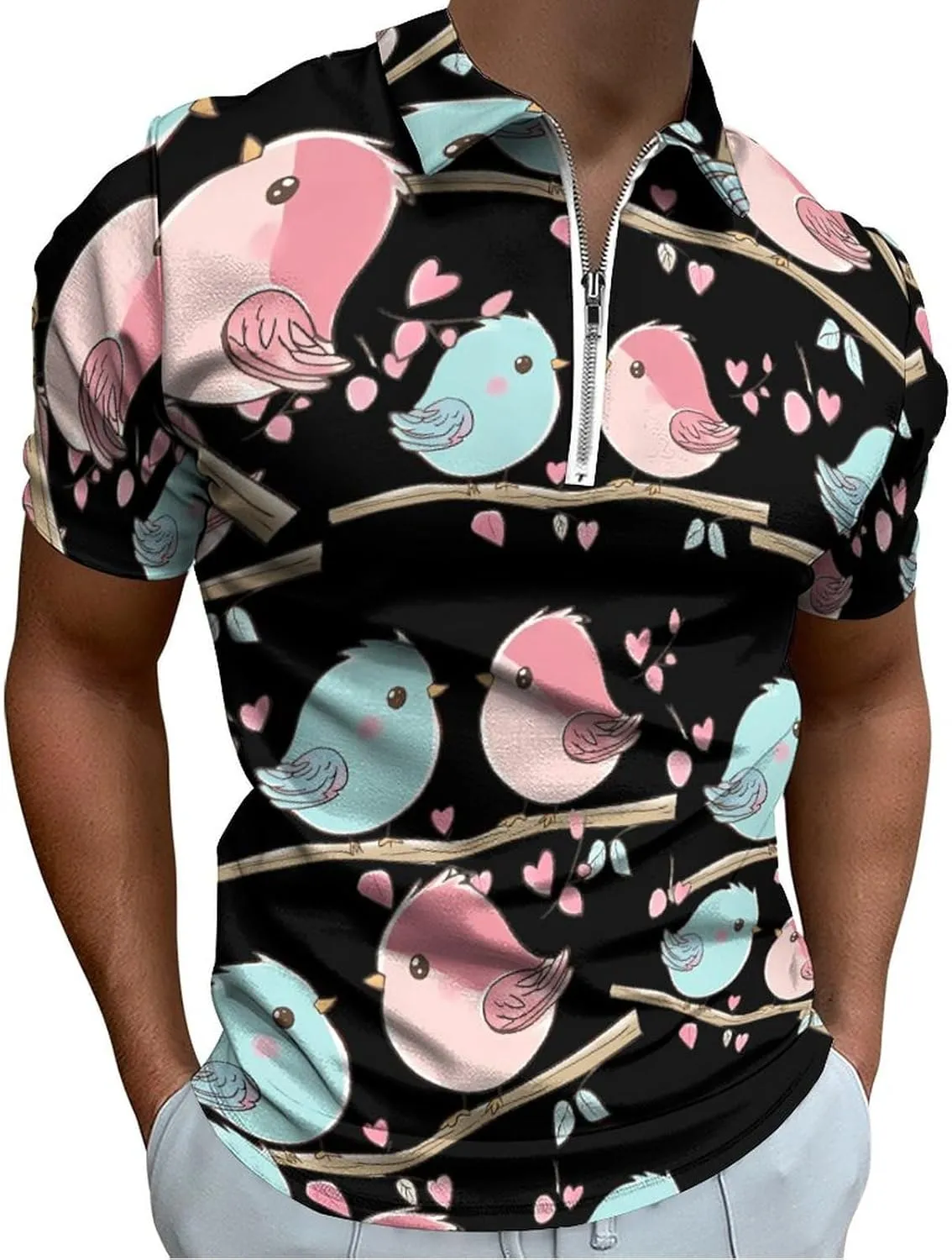 Birds In Love Trendy Polo Shirts for Men Short Sleeve Lapel Collar Zipper T-Shirts Outdoor Sports XS