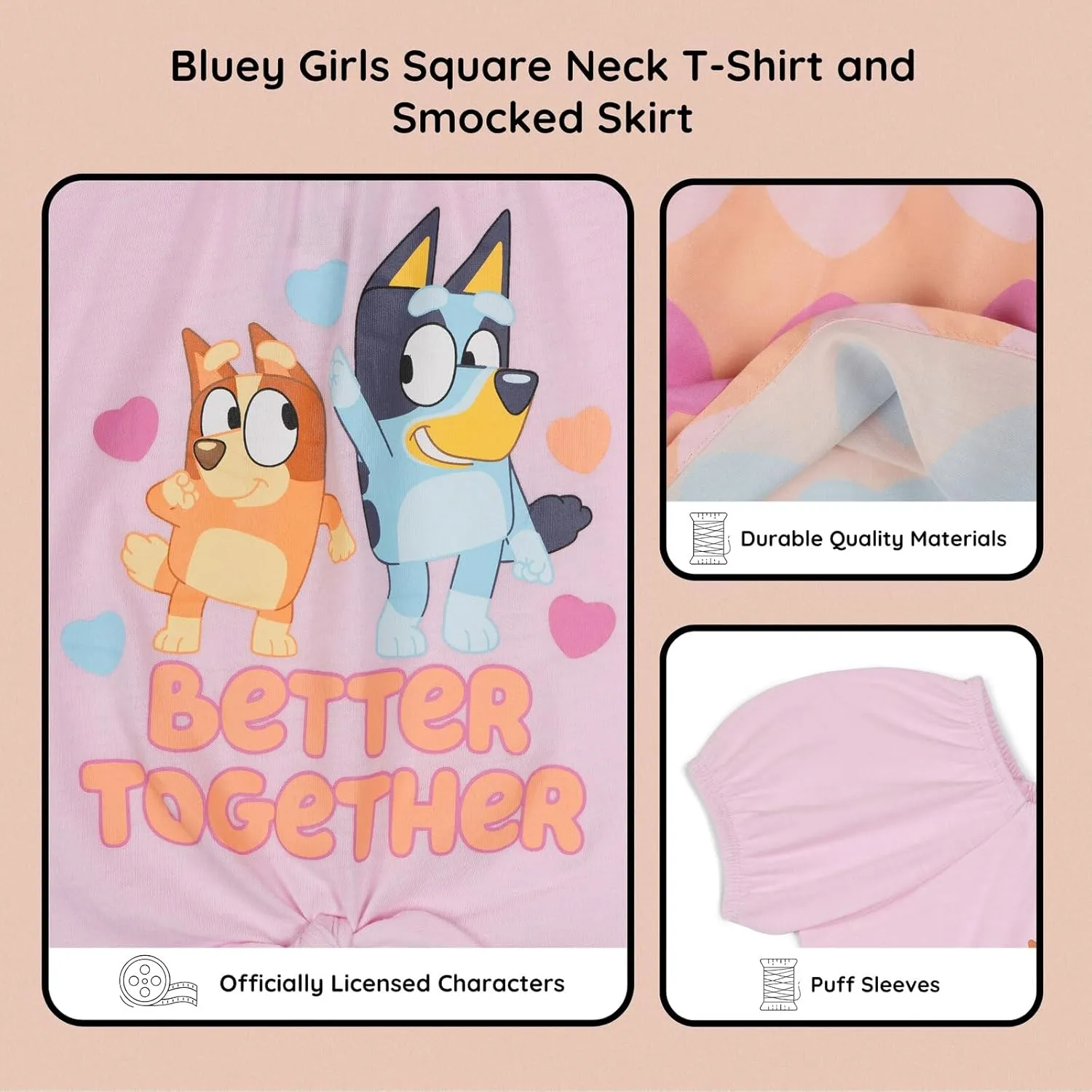 Bluey Girls Square Neck T-Shirt and Smocked Skirt Toddler to Big Kid Sizes (2T - 10-12)
