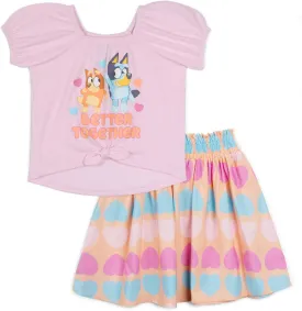 Bluey Girls Square Neck T-Shirt and Smocked Skirt Toddler to Big Kid Sizes (2T - 10-12)