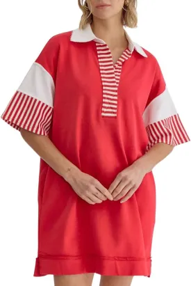 chouyatou Women's Summer V-Neck Polo Collared Mini Dress Loose Casual Striped Splicing T-Shirt Dress