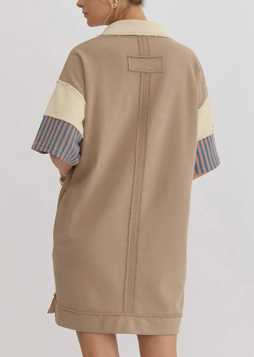 chouyatou Women's Summer V-Neck Polo Collared Mini Dress Loose Casual Striped Splicing T-Shirt Dress