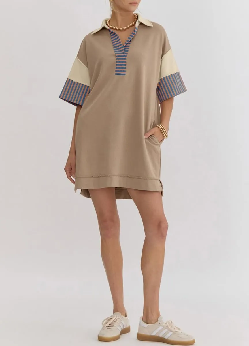chouyatou Women's Summer V-Neck Polo Collared Mini Dress Loose Casual Striped Splicing T-Shirt Dress