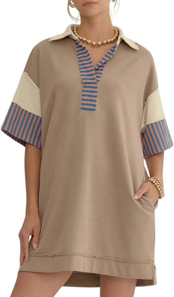 chouyatou Women's Summer V-Neck Polo Collared Mini Dress Loose Casual Striped Splicing T-Shirt Dress