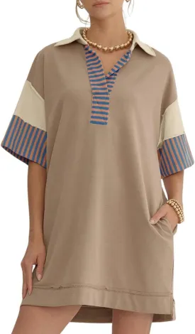 chouyatou Women's Summer V-Neck Polo Collared Mini Dress Loose Casual Striped Splicing T-Shirt Dress