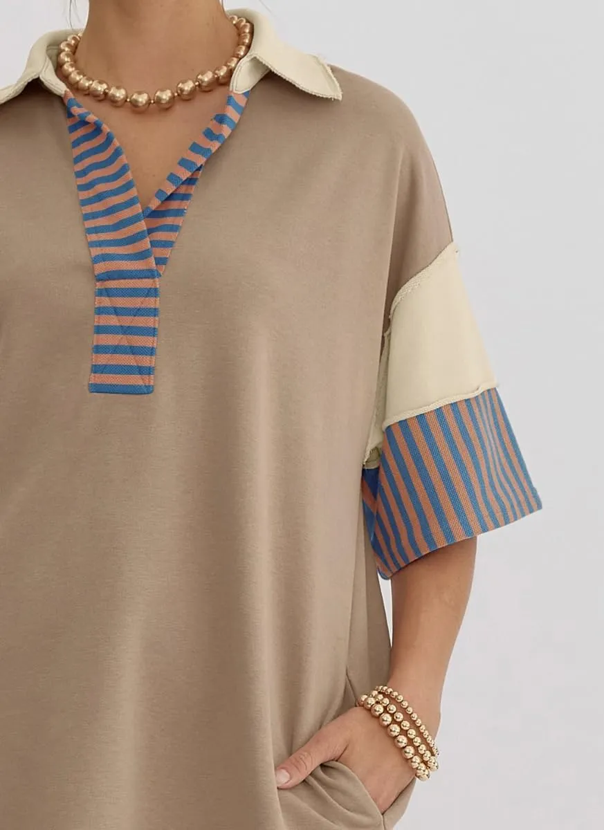 chouyatou Women's Summer V-Neck Polo Collared Mini Dress Loose Casual Striped Splicing T-Shirt Dress