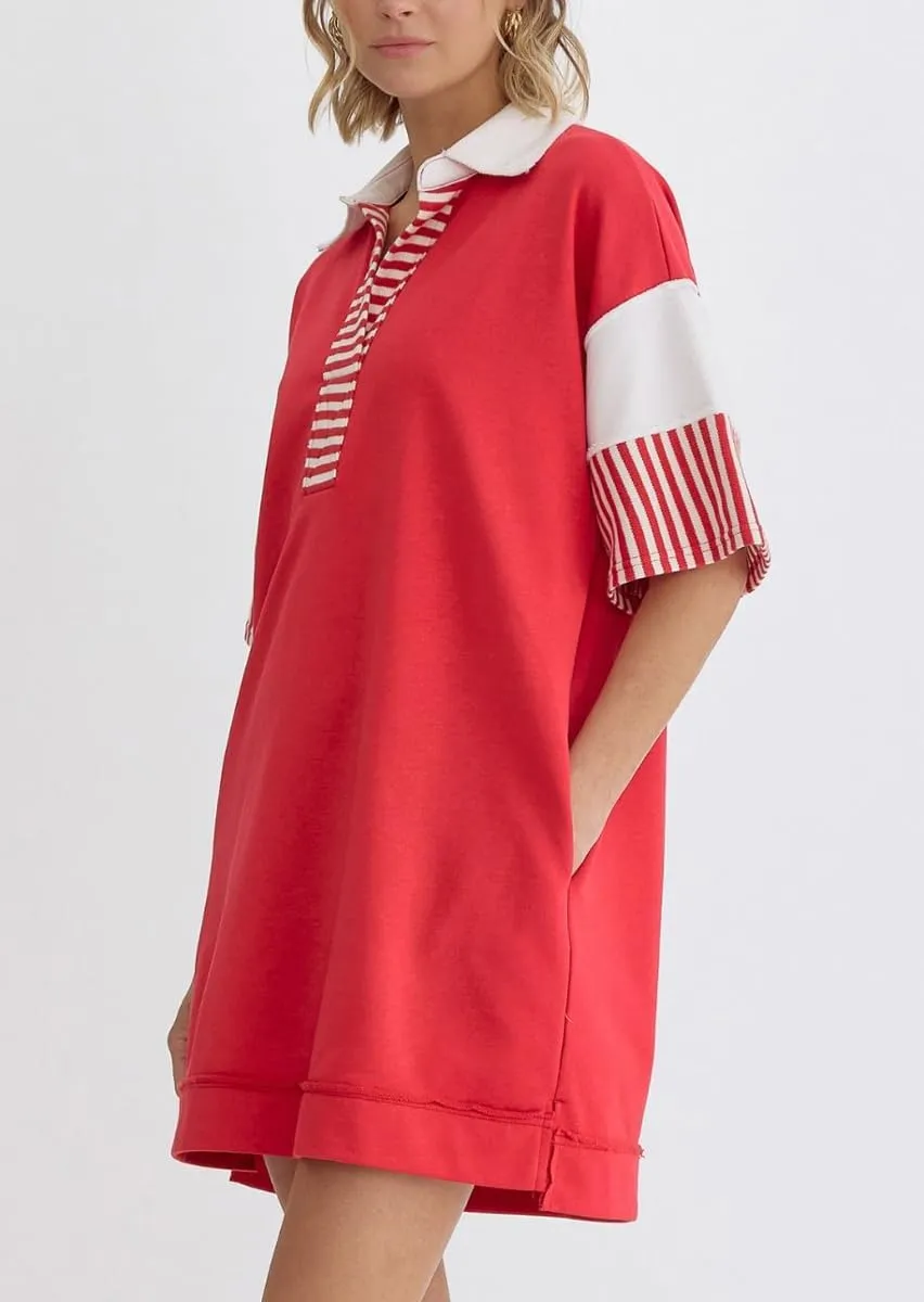 chouyatou Women's Summer V-Neck Polo Collared Mini Dress Loose Casual Striped Splicing T-Shirt Dress