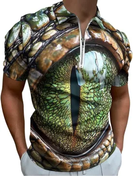 Crocodile Eye Trendy Polo Shirts for Men Short Sleeve Lapel Collar Zipper T-Shirts Outdoor Sports