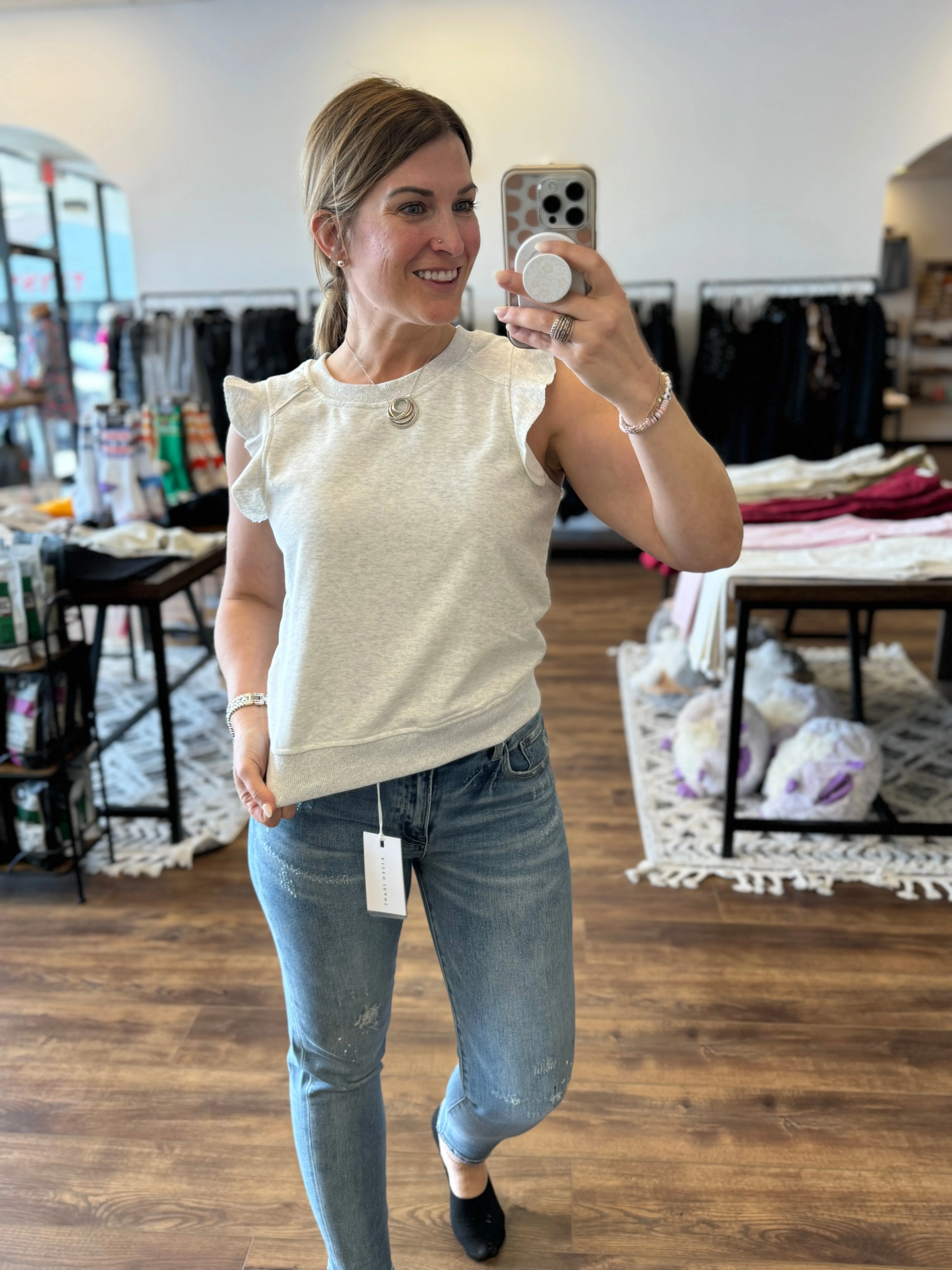 Ella - Round Neck Ruffle Sleeve French Terry Top