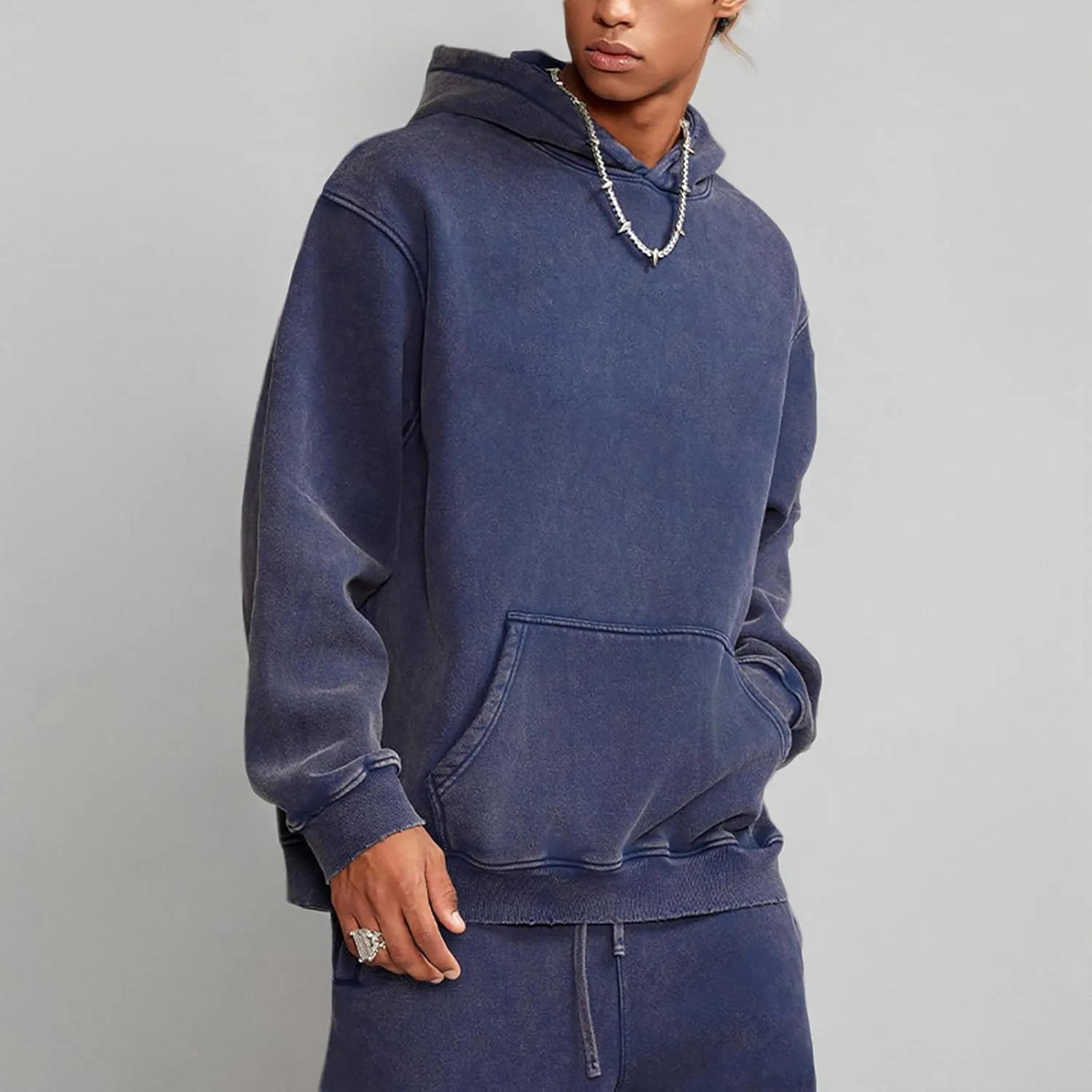 FAIABLE Mens Hoodies Pullover Oversized Hoodie Wash Plush Cotton Hooded Sweatshirt Vintage Heavyweight Hoodie Men Streetwear
