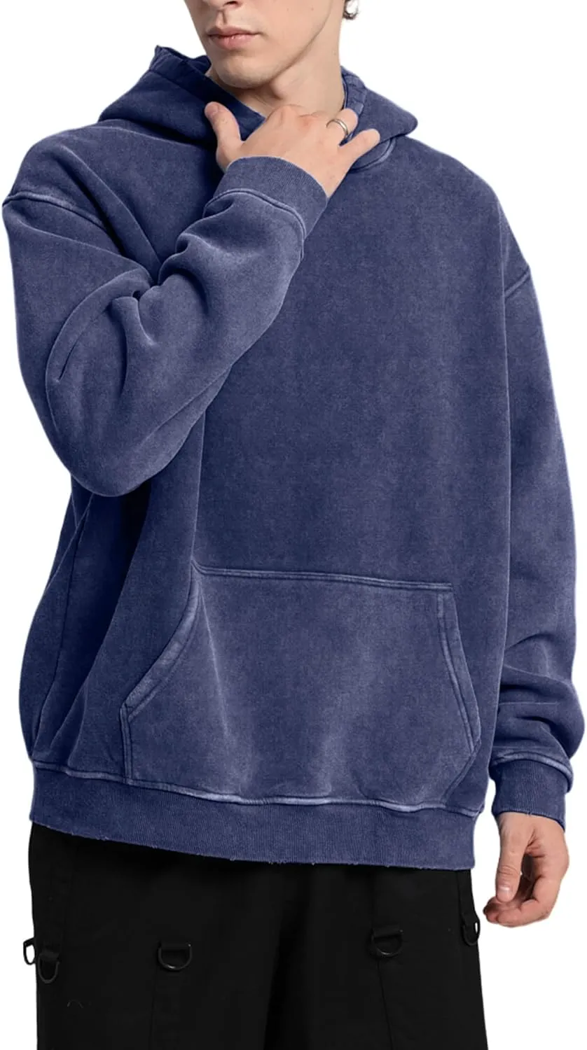 FAIABLE Mens Hoodies Pullover Oversized Hoodie Wash Plush Cotton Hooded Sweatshirt Vintage Heavyweight Hoodie Men Streetwear
