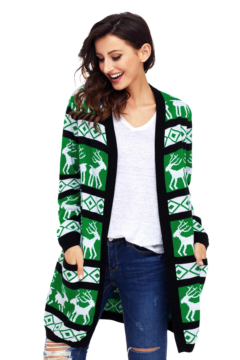 Fashion Reindeer Geometric Christmas Cardigan Sweater with Pockets