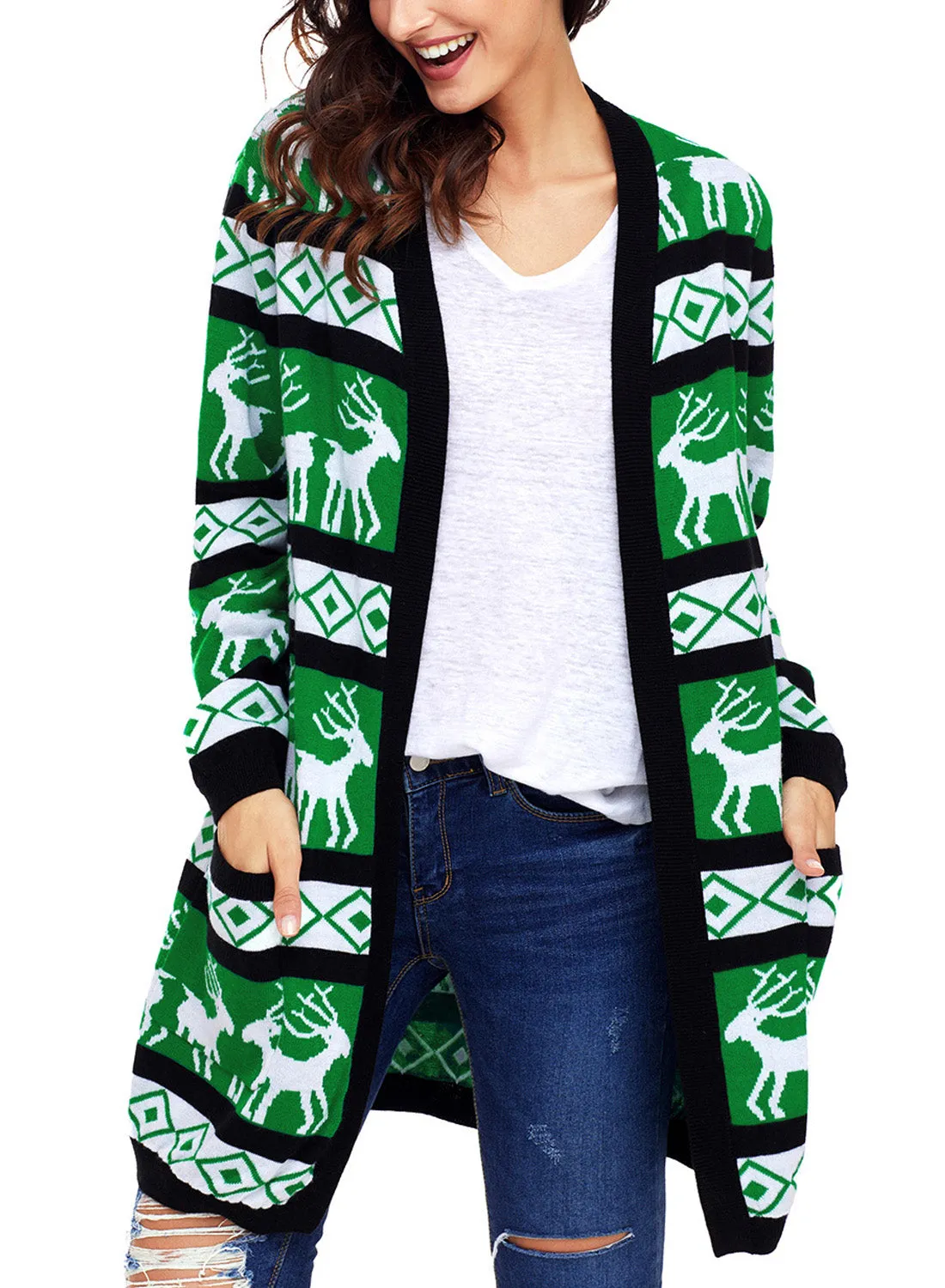 Fashion Reindeer Geometric Christmas Cardigan Sweater with Pockets