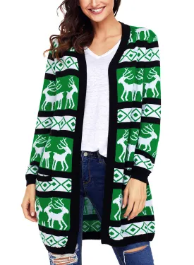 Fashion Reindeer Geometric Christmas Cardigan Sweater with Pockets