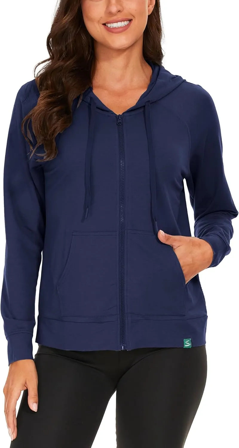 Full Zip Up Hoodies for Women Bamboo Viscose Lightweight Hooded Sweatshirt with Pocket Casual Long Sleeve Terry Top