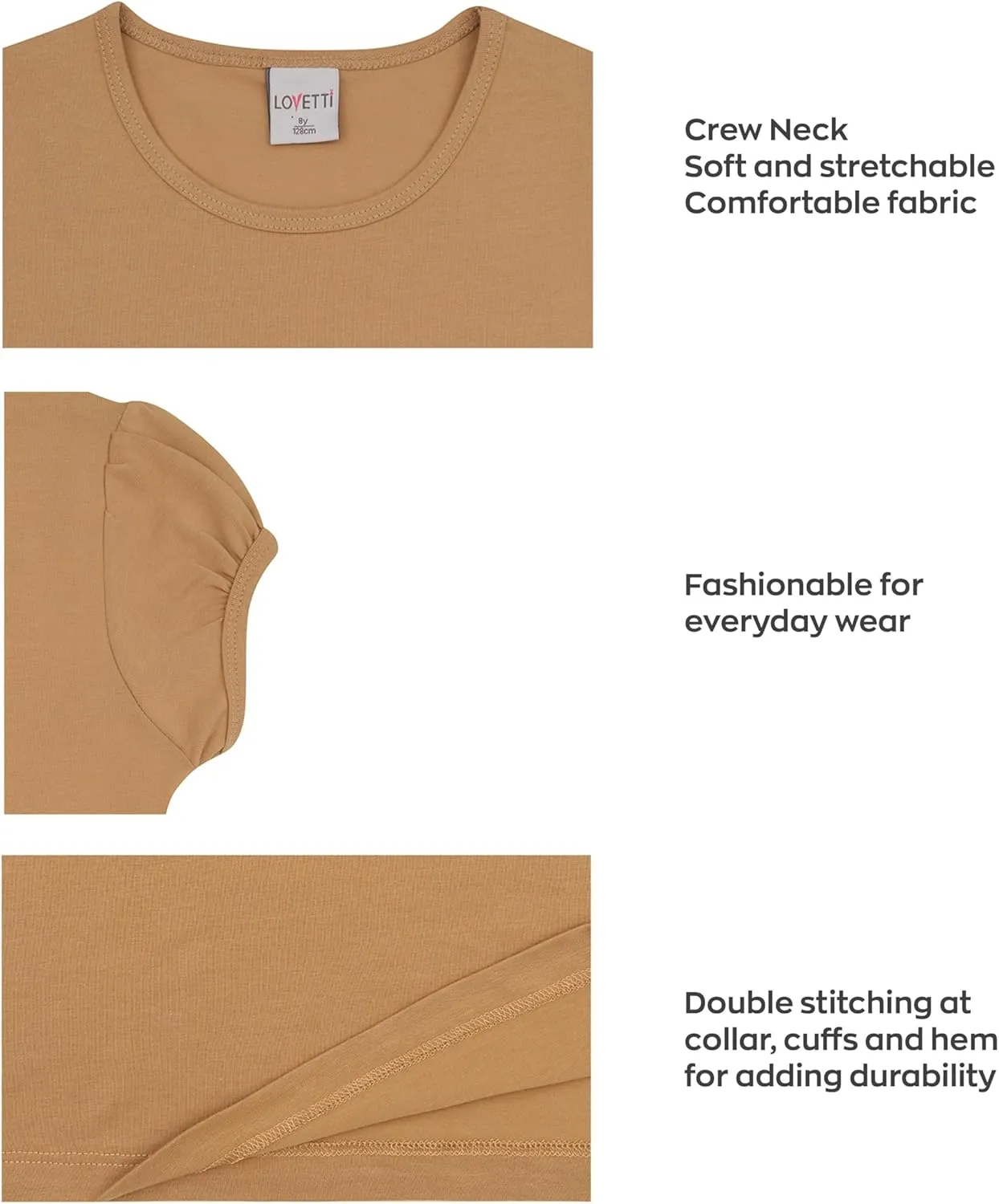 Girls Basic Short Puff Sleeve Round Neck T-Shirt, Turkish Cotton Round Neck Tee Tops