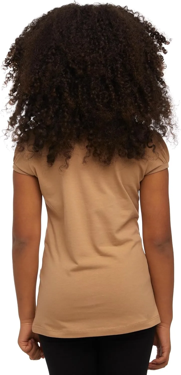 Girls Basic Short Puff Sleeve Round Neck T-Shirt, Turkish Cotton Round Neck Tee Tops