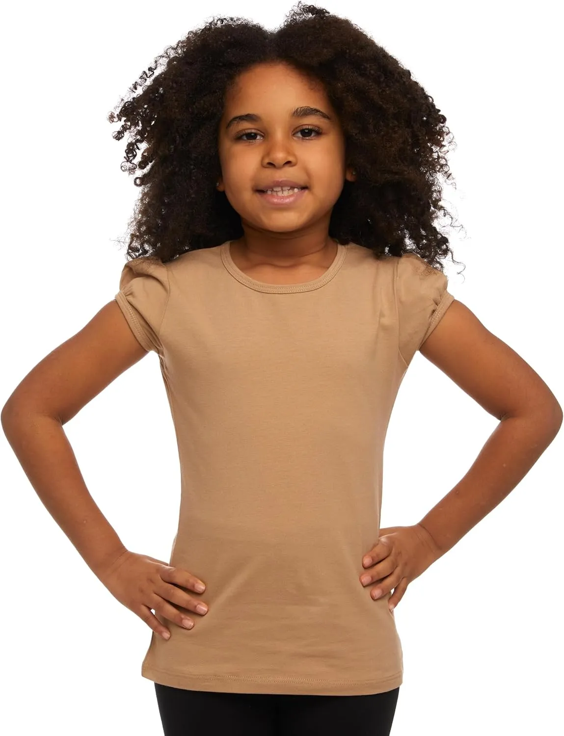 Girls Basic Short Puff Sleeve Round Neck T-Shirt, Turkish Cotton Round Neck Tee Tops