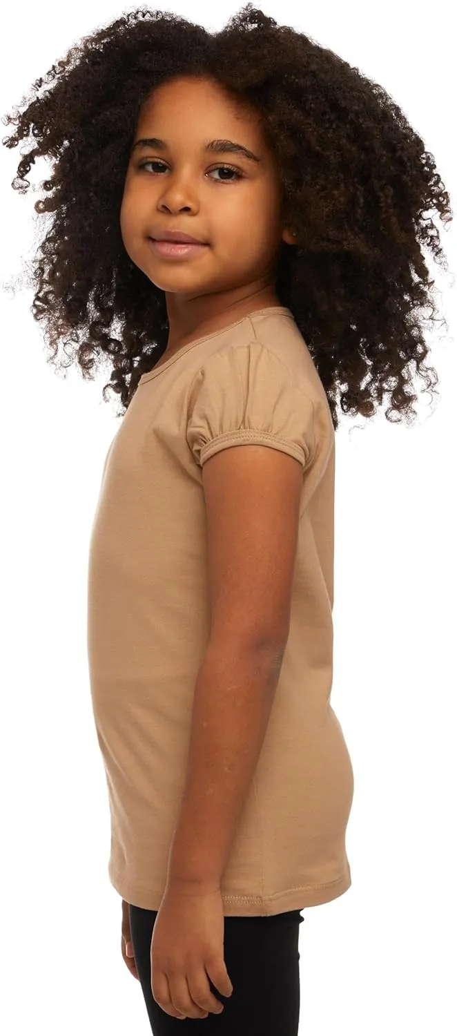 Girls Basic Short Puff Sleeve Round Neck T-Shirt, Turkish Cotton Round Neck Tee Tops