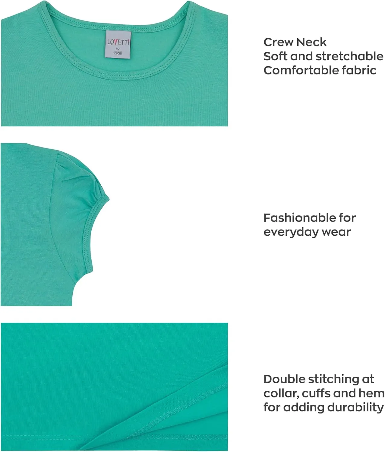 Girls Basic Short Puff Sleeve Round Neck T-Shirt, Turkish Cotton Round Neck Tee Tops