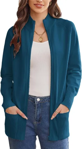 GRACE KARIN Women's Long Sleeve Zip Up Knit Cardigan with Pockets Stand Collar Full Zip Sweater Coat Lightweight
