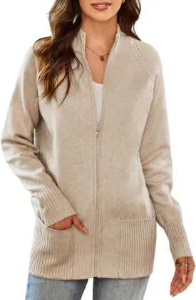 GRACE KARIN Women's Long Sleeve Zip Up Knit Cardigan with Pockets Stand Collar Full Zip Sweater Coat Lightweight