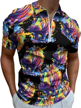 Hippo Colorful Trendy Polo Shirts for Men Short Sleeve Lapel Collar Zipper T-Shirts Outdoor Sports