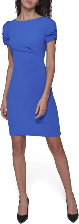 Karl Lagerfeld Paris Women's Short Ruched Sleeve Jewel Neck Sheath Mini Dress