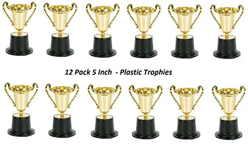 Kicko Plastic Trophies - 12 Pack - 5 Inch - Golden Metallic Bulk Trophies For Kids, Boys