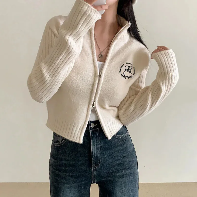 Korean Fashion Letter Turtleneck Cardigan for Women Zip Up Knitted Sweater Cropped Slim Cute Knitwear Jacket Outfits