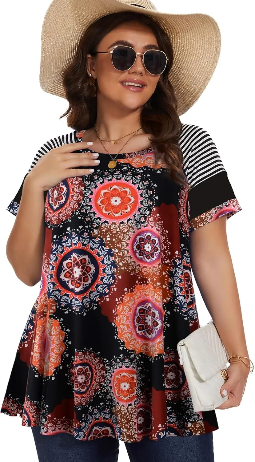 LARACE Women's Plus Size Tops Summer Basic Tunic Short Sleeve Casual Round Neck T Shirt