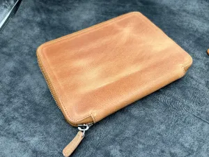 Leather Zippered 10 Slots Pen Case with A5 Notebook Holder - Crazy Horse Honey Ochre