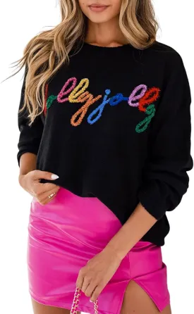 LEMAFER Women 2024 Merry Christmas Round Neck Sequin Letters Sweater Casual Solid Slogan Long Sleeve Pullover Sweatshirt Tops