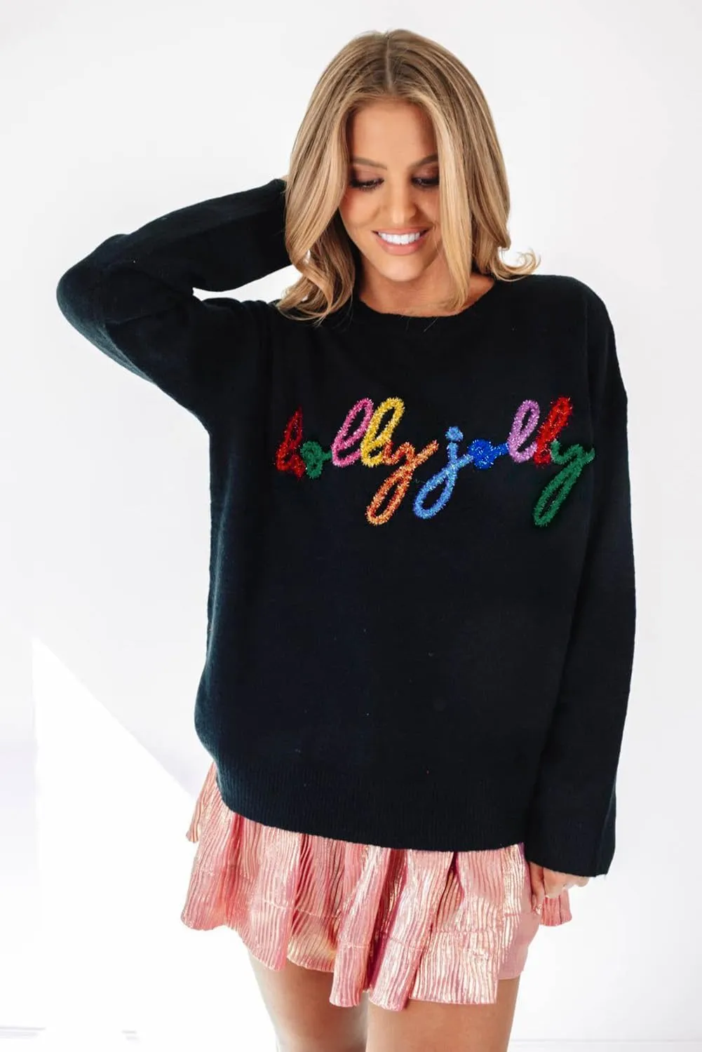 LEMAFER Women 2024 Merry Christmas Round Neck Sequin Letters Sweater Casual Solid Slogan Long Sleeve Pullover Sweatshirt Tops