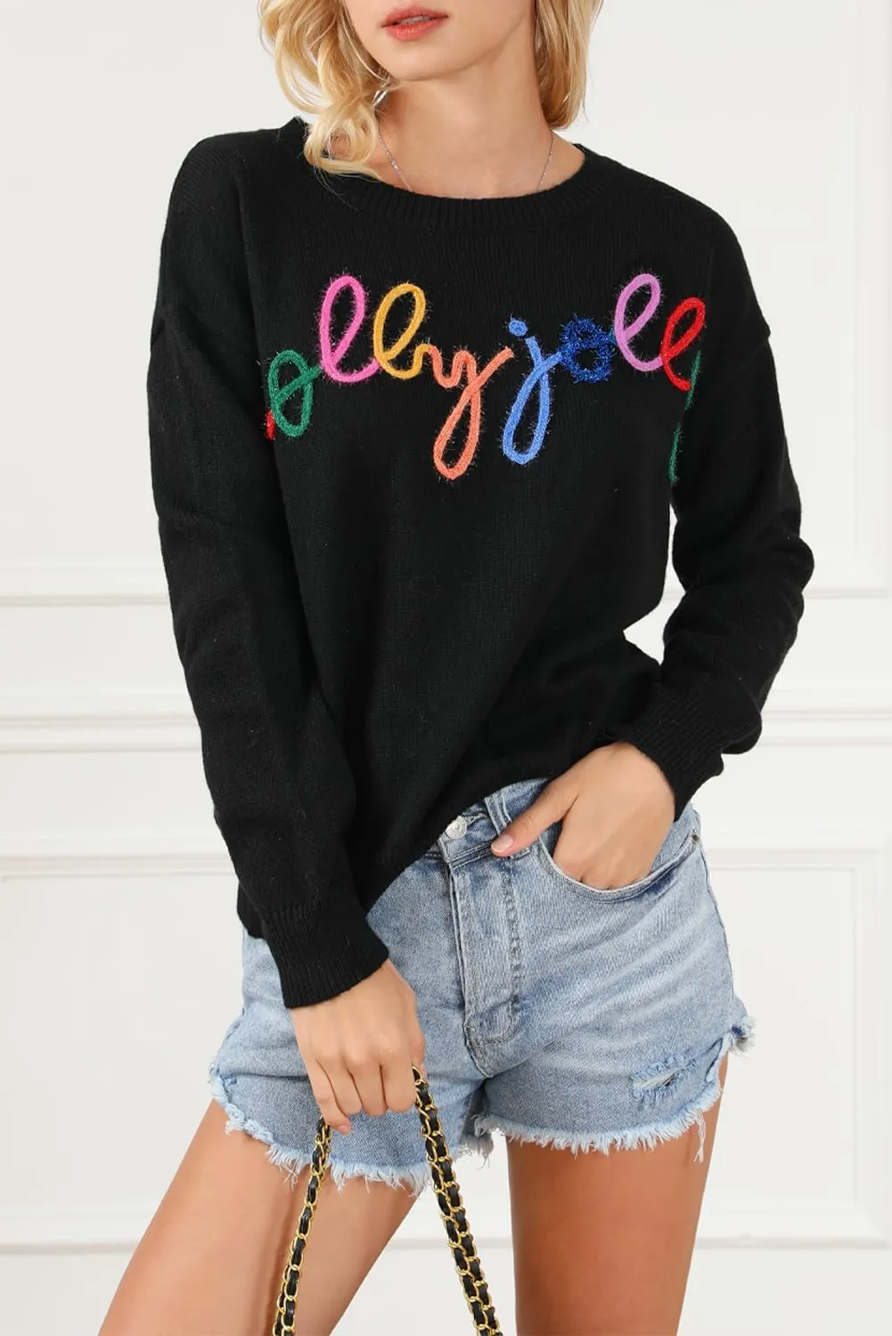 LEMAFER Women 2024 Merry Christmas Round Neck Sequin Letters Sweater Casual Solid Slogan Long Sleeve Pullover Sweatshirt Tops