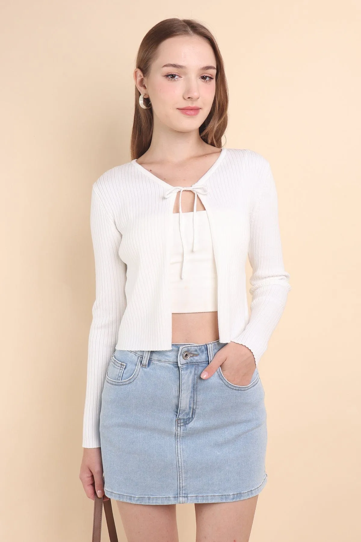 LIORA TIE-KNOT CARDIGAN IN WHITE