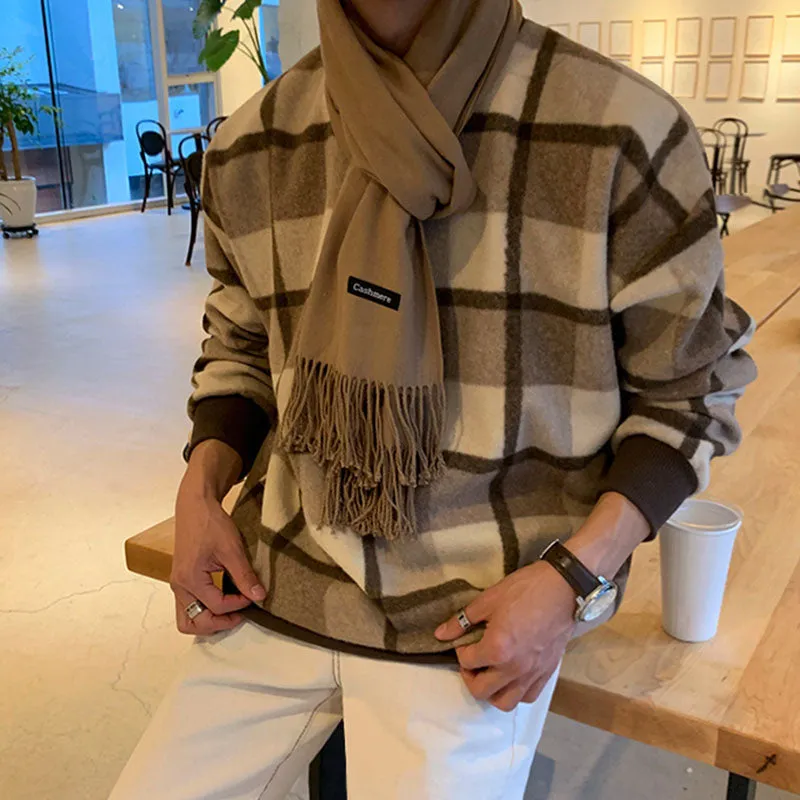 Men's Casual Round Neck Color Block Plaid Loose Sweatshirt